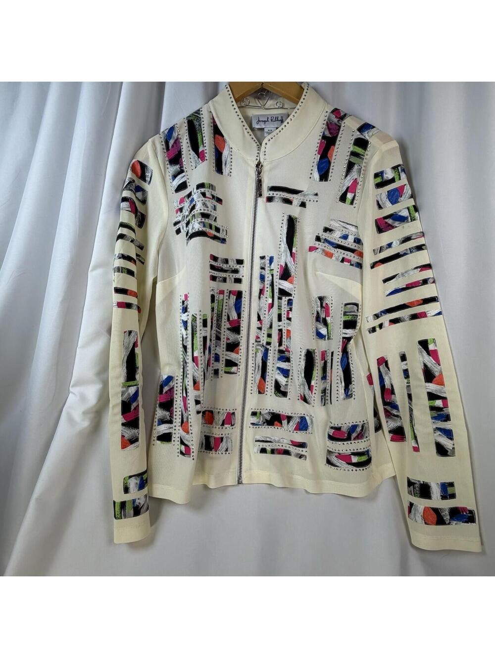 Joseph Ribkoff Multi-color Jacket Rhinestones Size M Wearable Art Trendy Fun